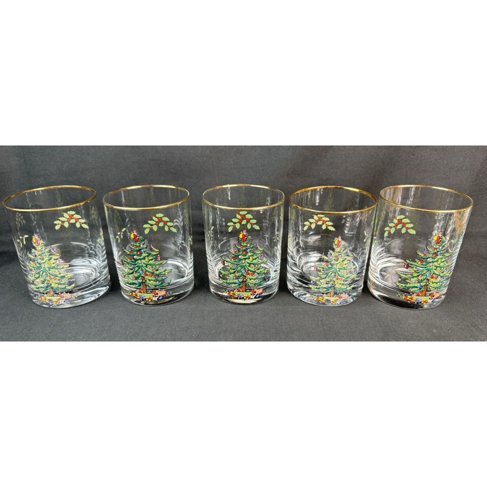 Spode Christmas Tree Double Old Fashioned Gold Rimmed Glasses Set Of 5 - Picture 2 of 8